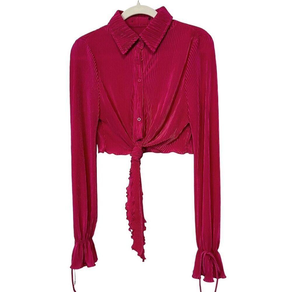 Women's Pink Pleated Tie-Front Blouse V-Neck Long Sleeve Size M button front. - Picture 2 of 11